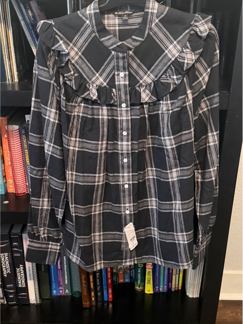 Brooks Brothers Women's Size 8 Black and Gray Plaid Ruffle Button-Up Shirt with
